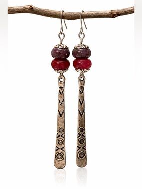 Boho Aubergine Glass Dangle Earrings • Antique Silver Bar • Handmade